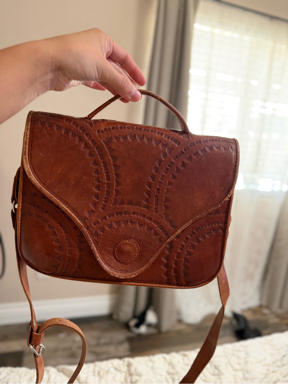 Brown Leather Messenger Bag with Top Handle